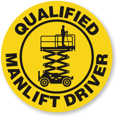 Funny Stickers  Hard Hats on Qualified Manlift Driver  With Scissors Lift    Hard Hat Decals