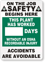 Job Safety Days Without OSHA Injury Sign