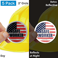 Safe Worker With US Flag Hard Hat Label